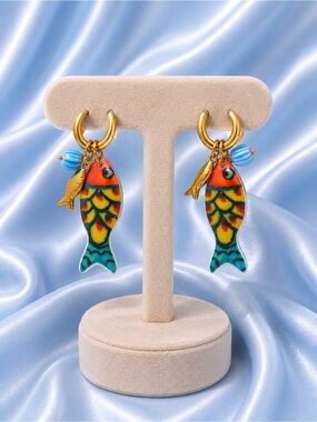 Amalfi Gold Fish Charm Blue Multicolor Ceramic Earrings